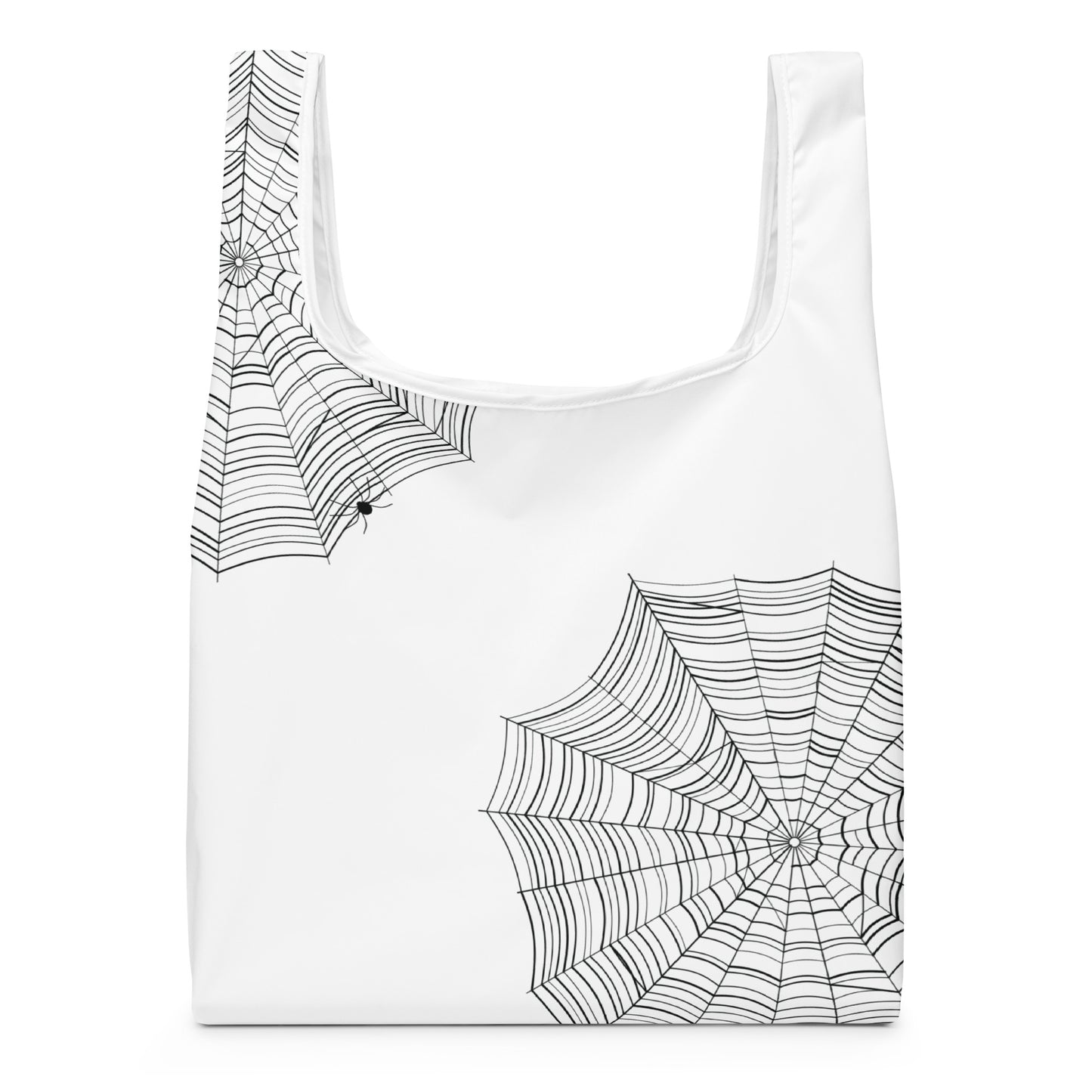 Reusable shopping bag with bold spiderweb graphic print — MWL Find the Spider collection, black and white