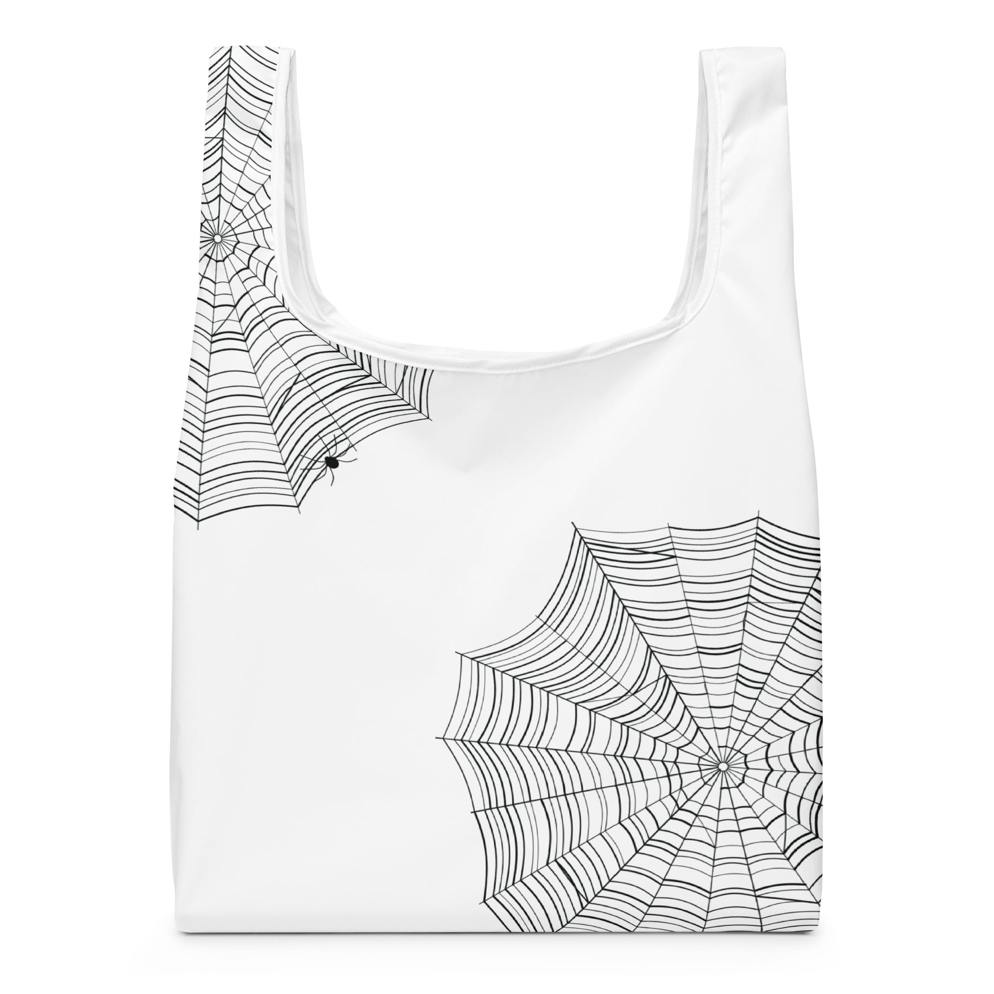 Reusable shopping bag with bold spiderweb graphic print — MWL Find the Spider collection, black and white