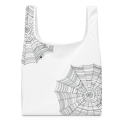 Reusable shopping bag with bold spiderweb graphic print — MWL Find the Spider collection, black and white
