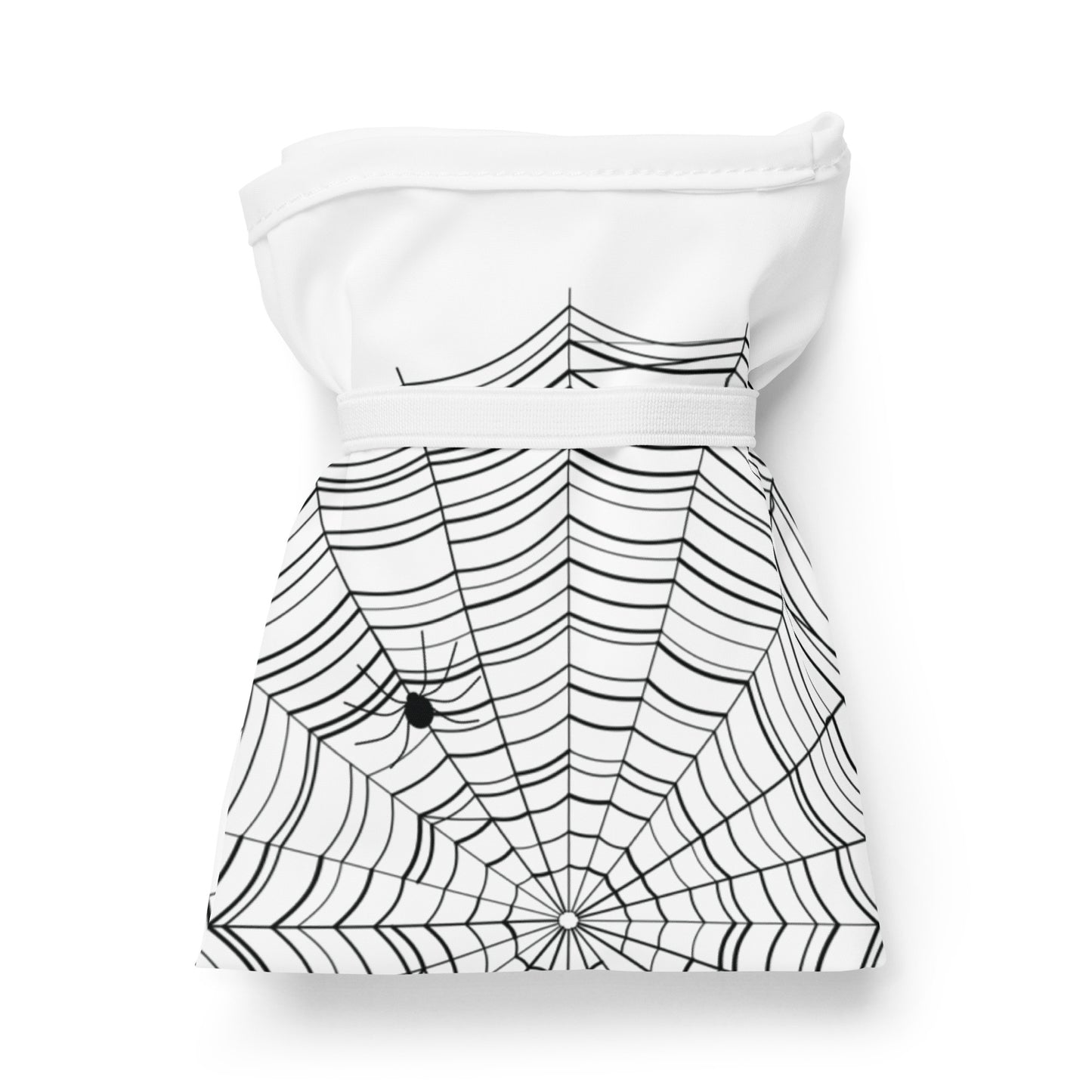 Close-up of spider web print on reusable bag — black ink all-over design, spider hidden somewhere in the web