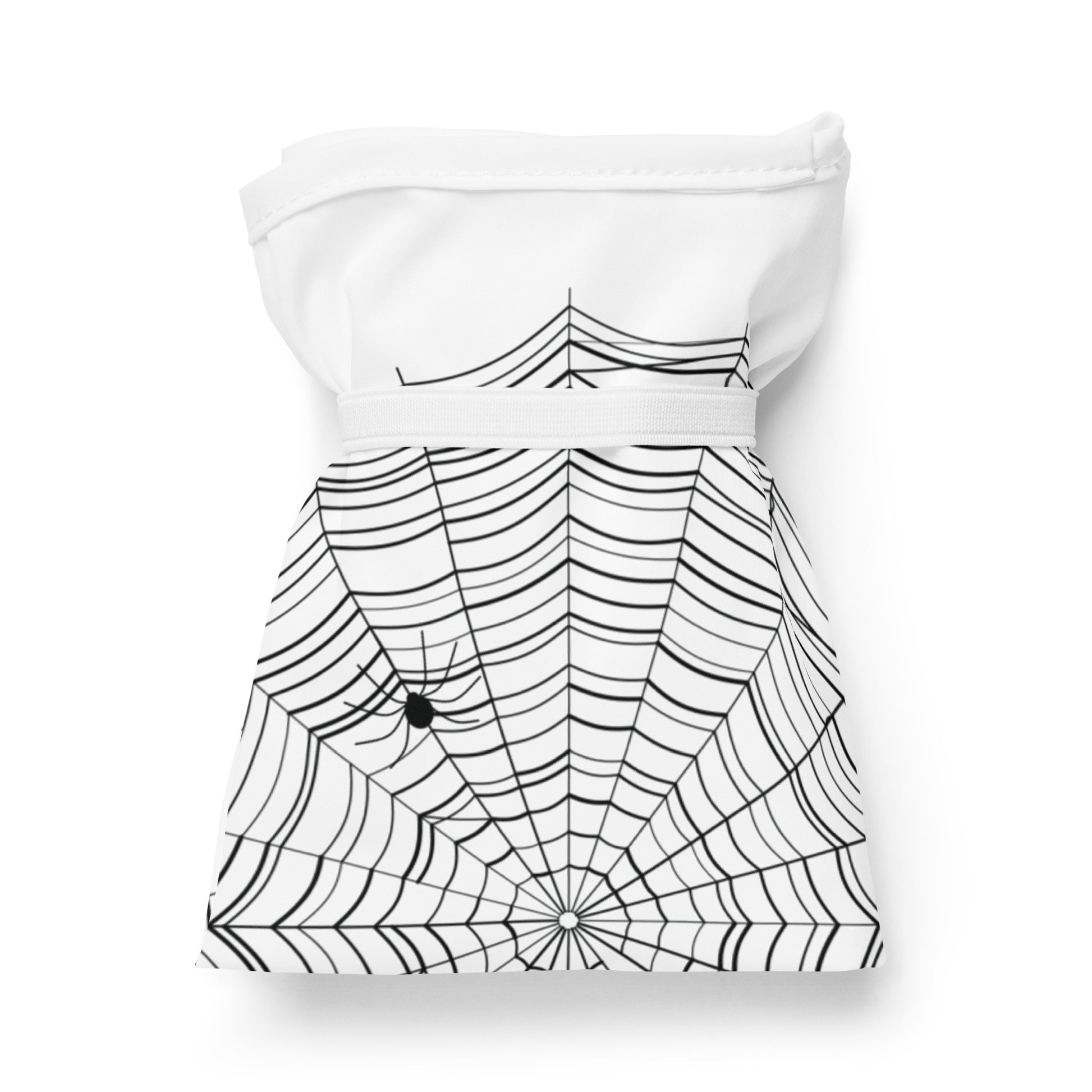 Close-up of spider web print on reusable bag — black ink all-over design, spider hidden somewhere in the web