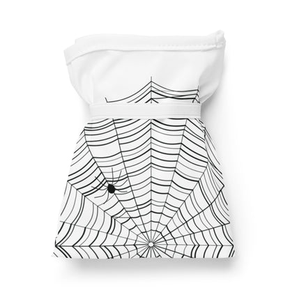 Close-up of spider web print on reusable bag — black ink all-over design, spider hidden somewhere in the web