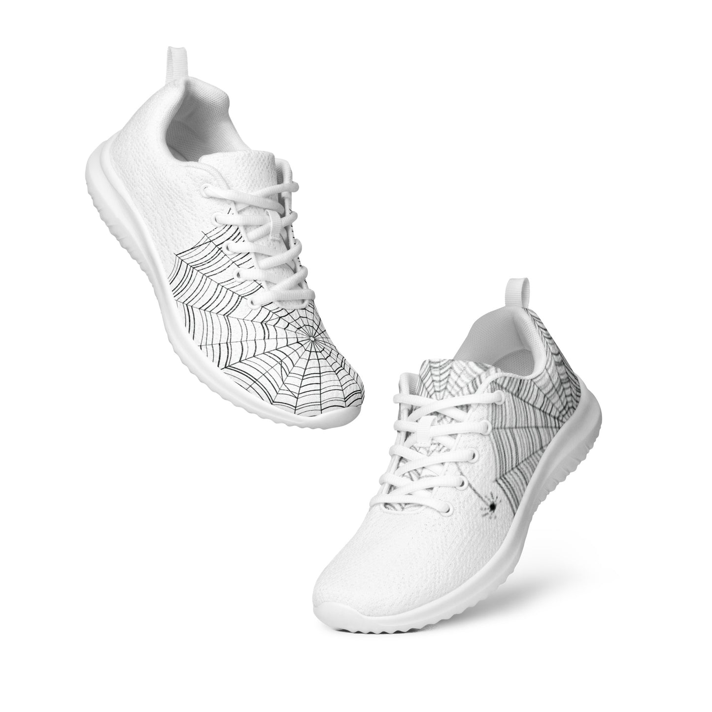Find the Spider women's athletic shoes — black spiderweb print on white flyknit sneakers with hidden spider
