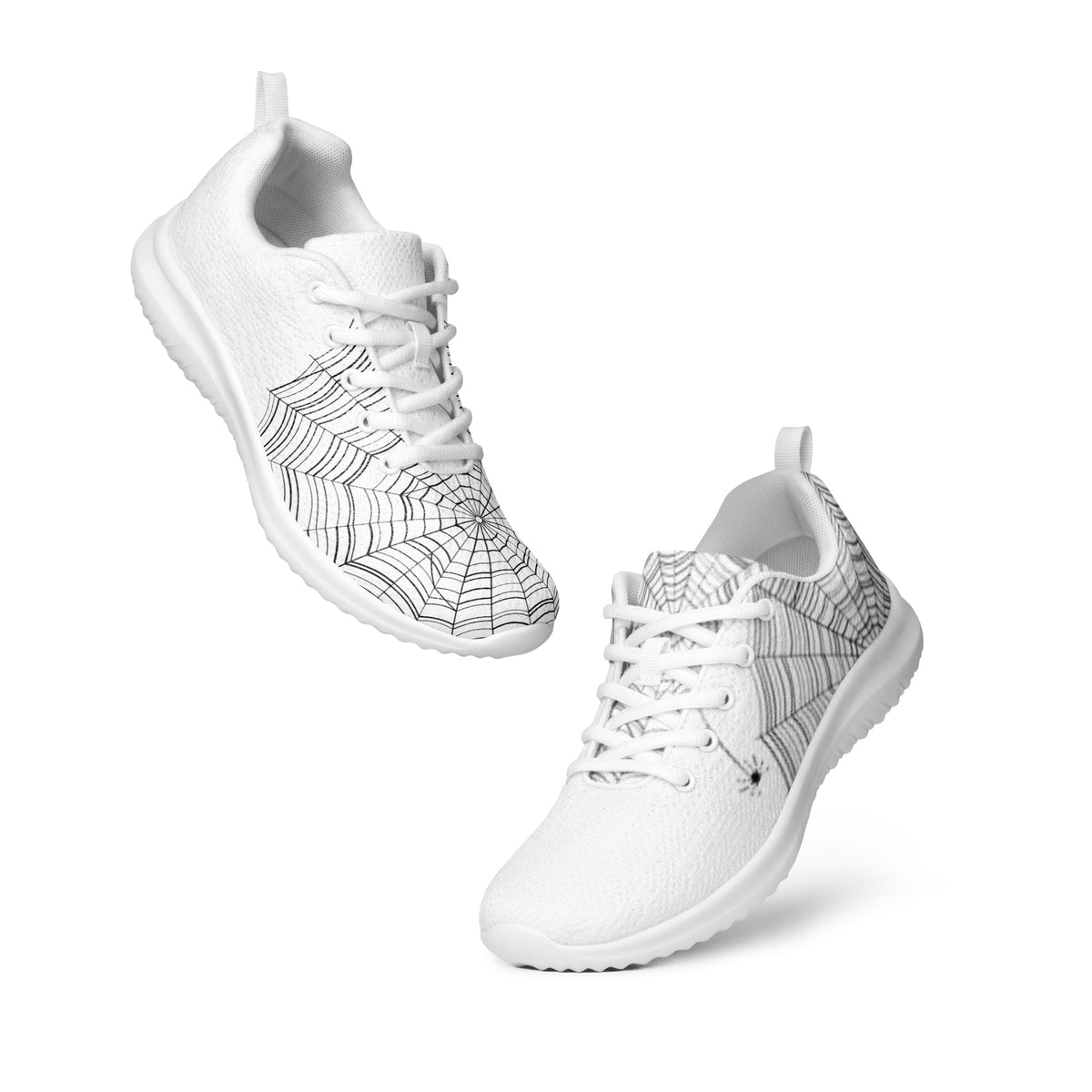 Find the Spider women's athletic shoes — black spiderweb print on white flyknit sneakers with hidden spider