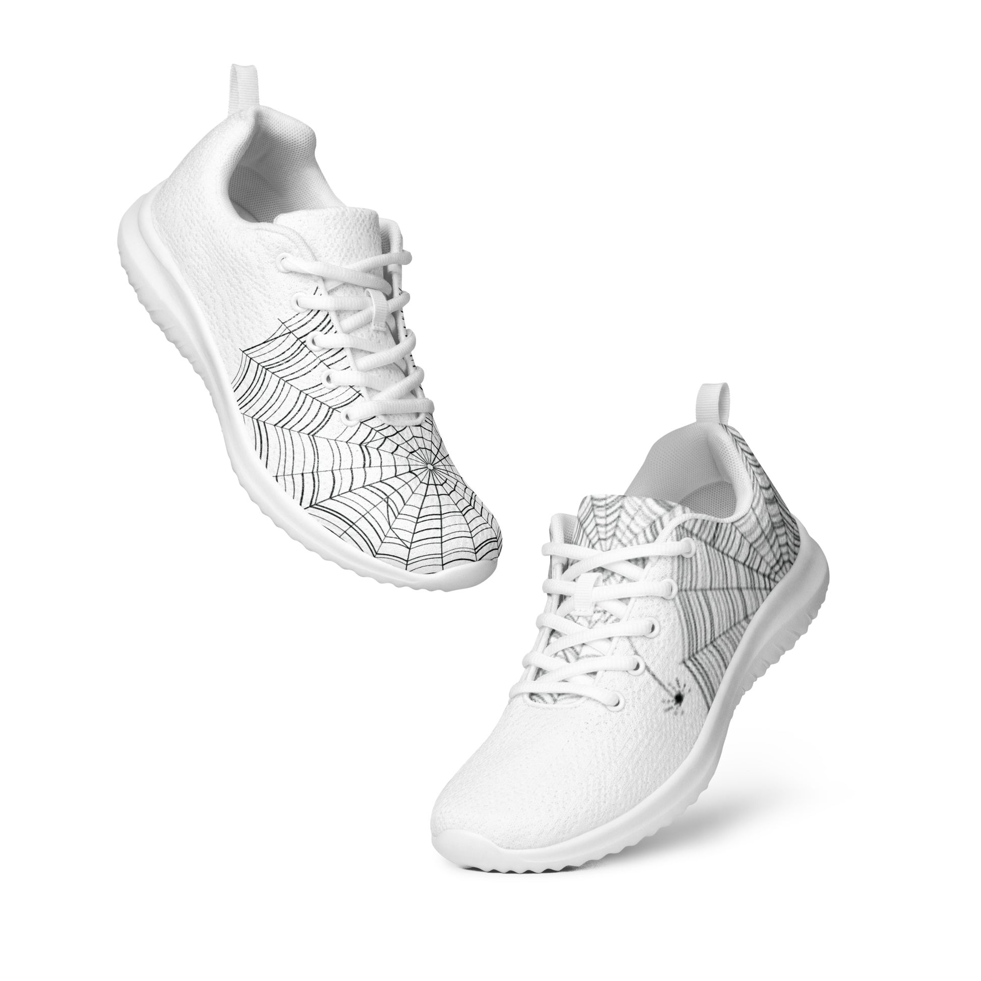 Find the Spider women's athletic shoes — black spiderweb print on white flyknit sneakers with hidden spider