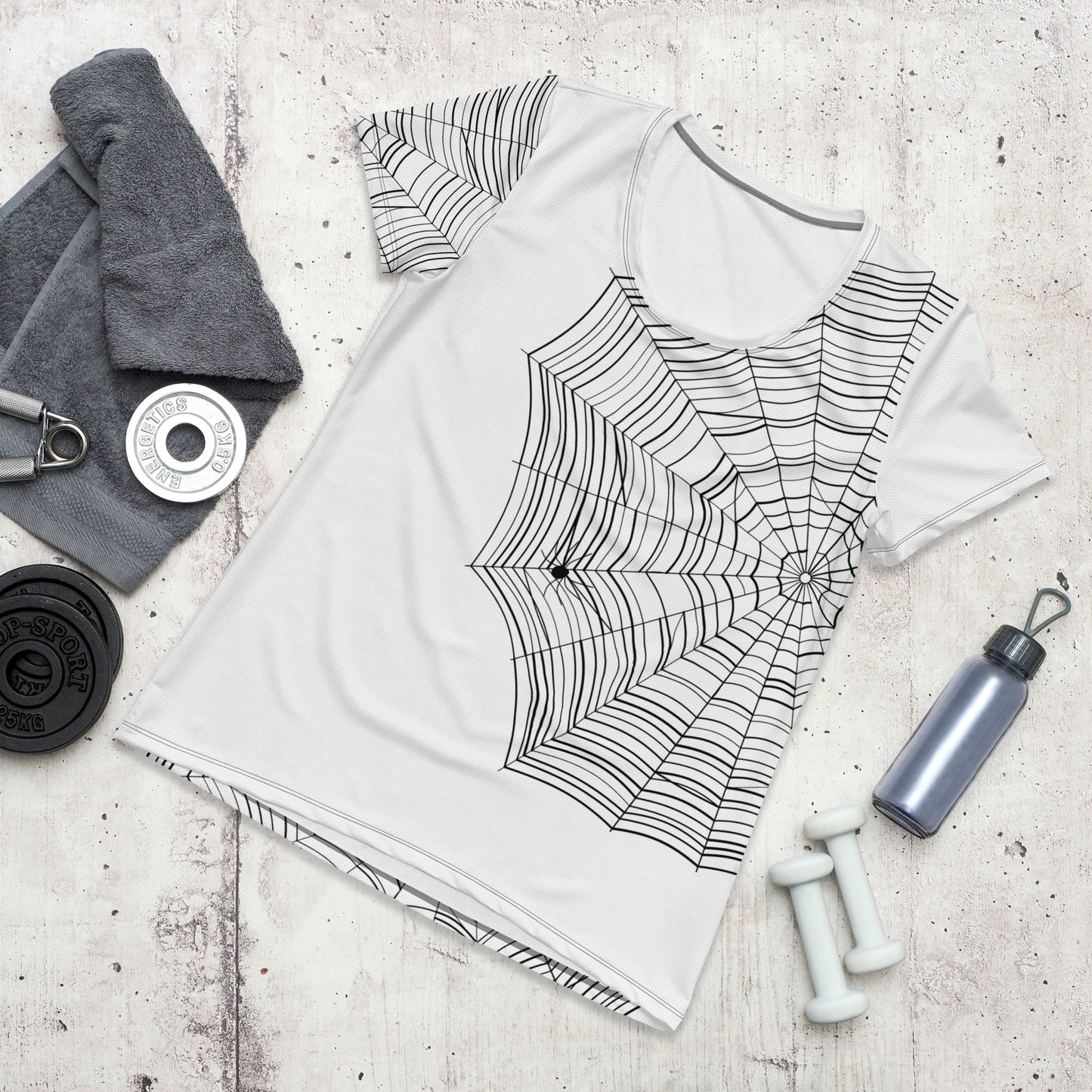 Find the Spider women's athletic t-shirt —  spiderweb print on white sports tee with hidden spider detail