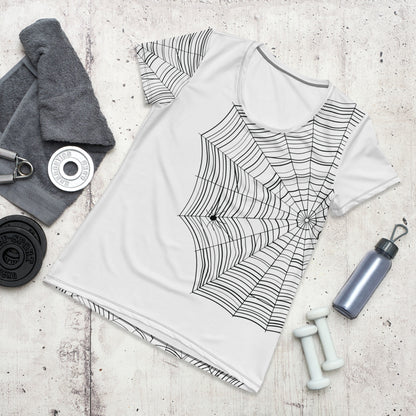 Find the Spider women's athletic t-shirt —  spiderweb print on white sports tee with hidden spider detail
