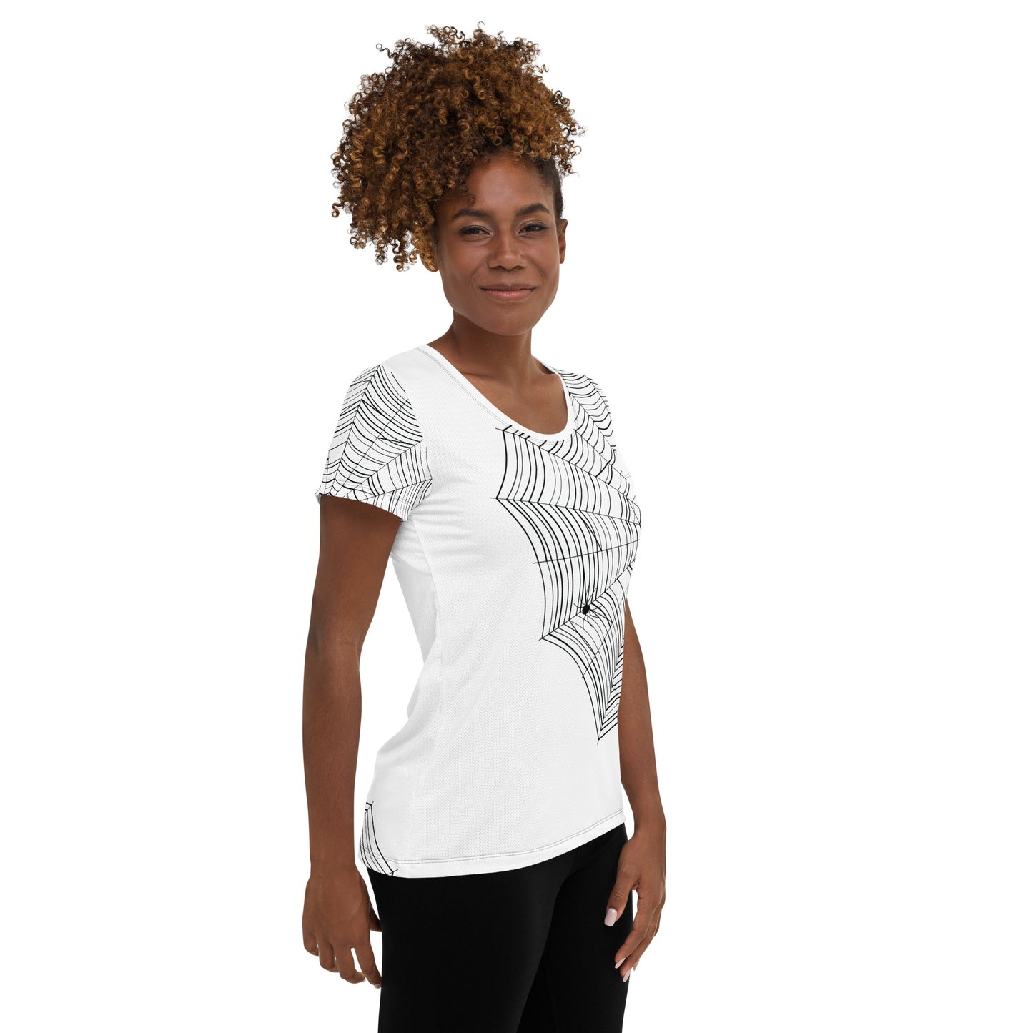Women's stretch athletic tee with oversized spiderweb print — MWL Find the Spider collection, black and white