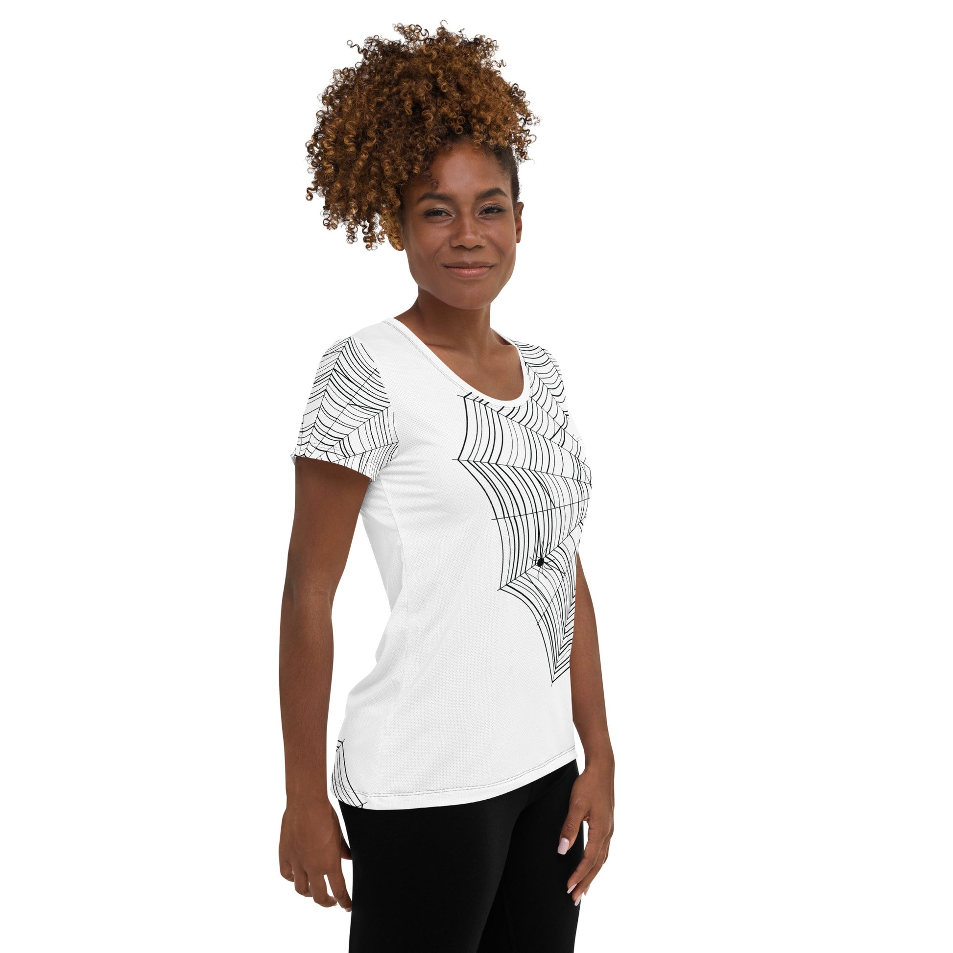 Women's stretch athletic tee with oversized spiderweb print — MWL Find the Spider collection, black and white