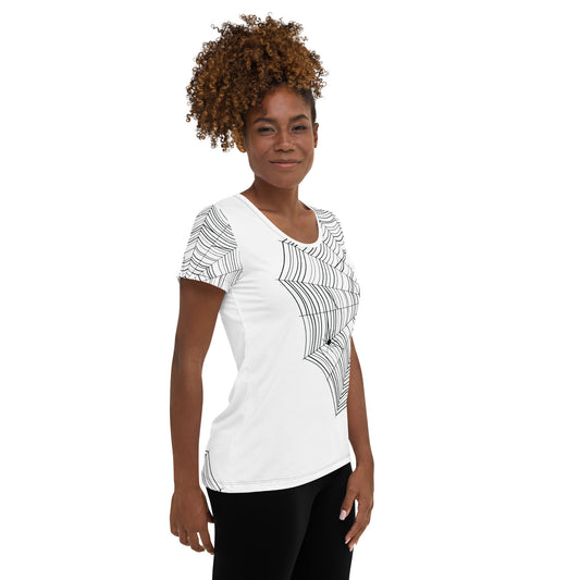Women's stretch athletic tee with oversized spiderweb print — MWL Find the Spider collection, black and white