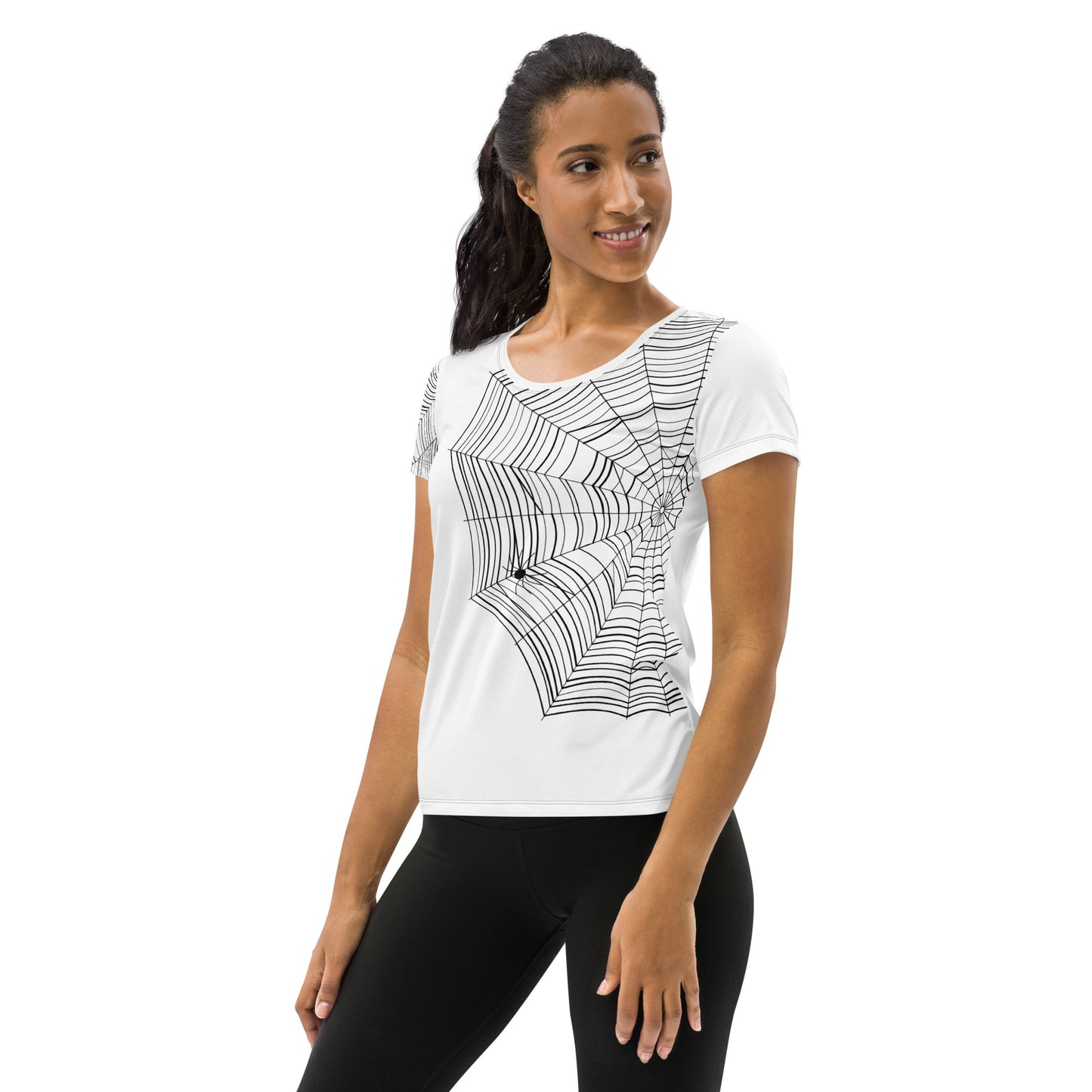 spiderweb graphic tee — black ink illustration on white athletic shirt, spider hidden in web design