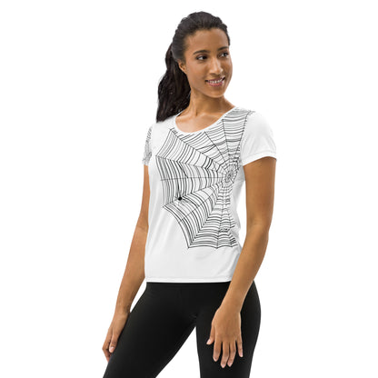 spiderweb graphic tee — black ink illustration on white athletic shirt, spider hidden in web design