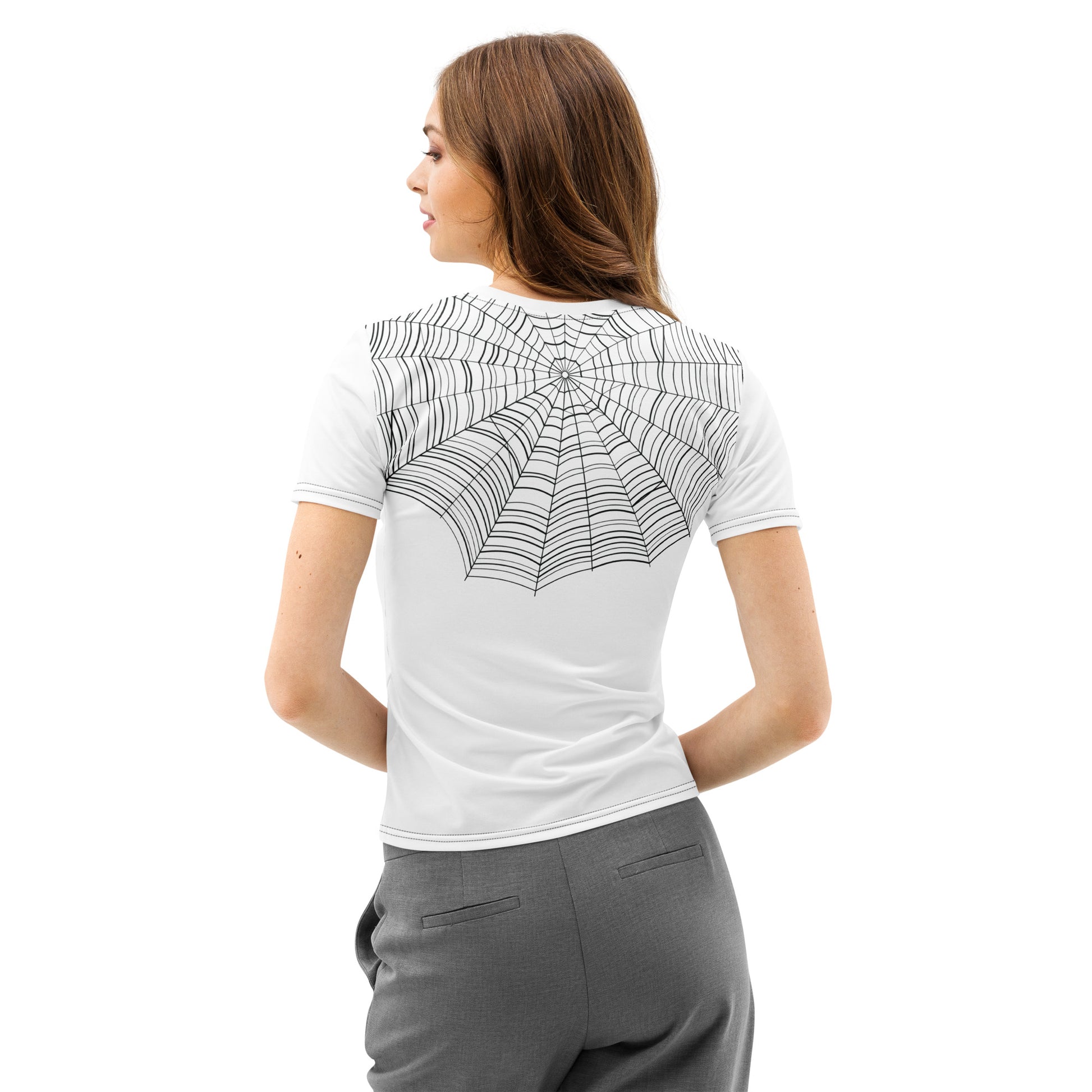 Back view of spiderweb print on women's cotton crew neck t-shirt — bold black ink design with spider hidden in the web