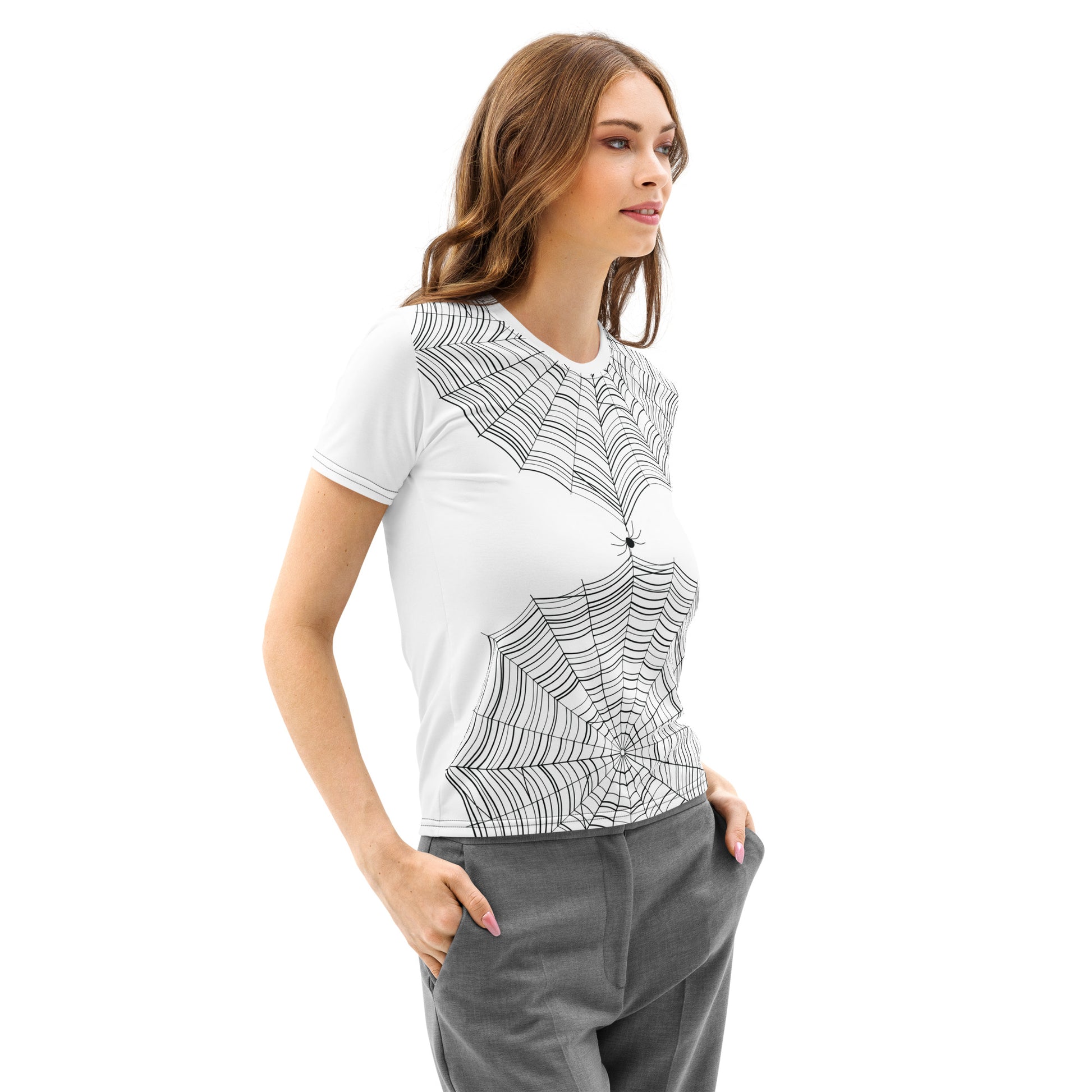 Find the Spider women's cotton t-shirt — bold spiderweb print on white regular-fit crew neck tee with hidden spider