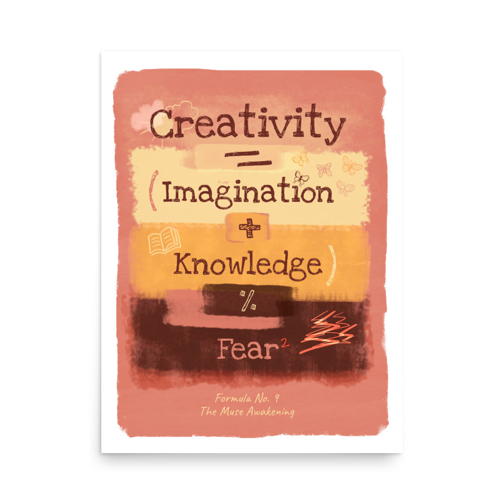 Creativity formula art poster — Creativity equals Imagination plus Knowledge divided by Fear squared, retro illustrated wall art 