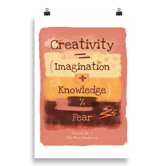 Formula No. 9 The Muse Awakening poster in warm terracotta tones, framed on a studio wall