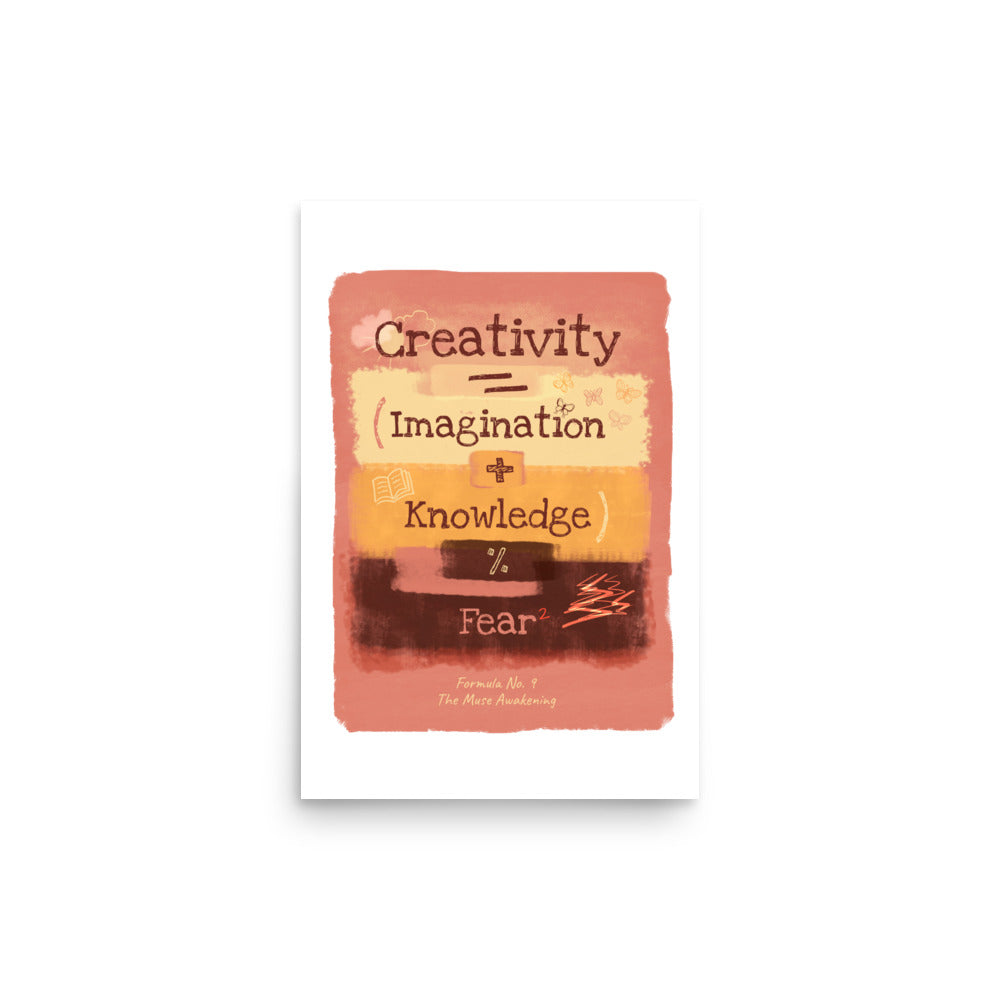 Illustrated creativity law poster with playful icons and math formula, museum-quality matte print