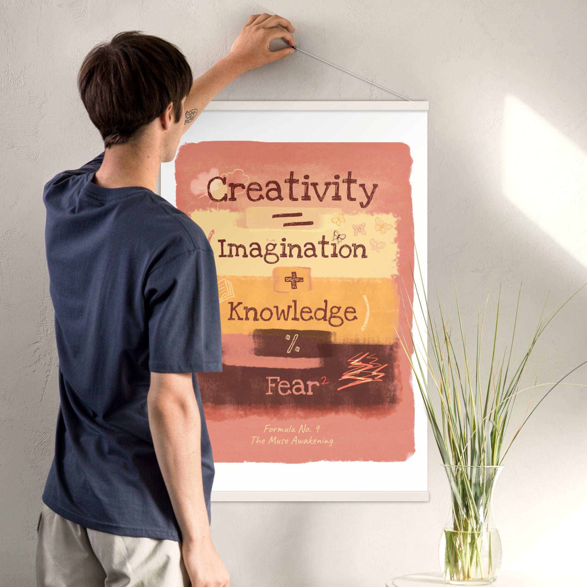 Creativity formula poster with wooden hanger — ready to hang illustrated wall art in warm retro tones