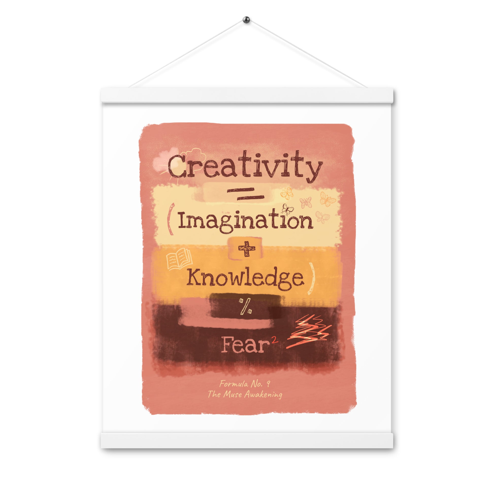 Formula No. 9 Muse Awakening poster with natural wood hanger and magnetic closure, styled on a wall