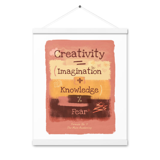 Formula No. 9 Muse Awakening poster with natural wood hanger and magnetic closure, styled on a wall