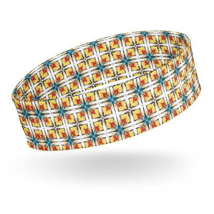 Fuego & Flow all-over print headband in geometric yellow, red and turquoise pattern