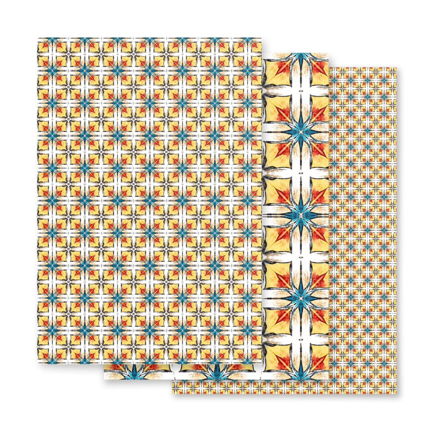 Fuego & Flow wrapping paper sheets with bold geometric pattern in yellow, red and turquoise