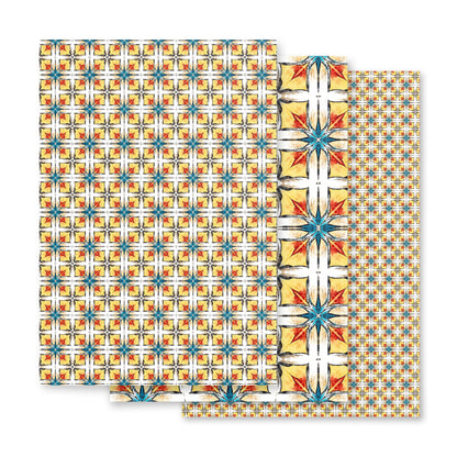 Fuego & Flow wrapping paper sheets with bold geometric pattern in yellow, red and turquoise