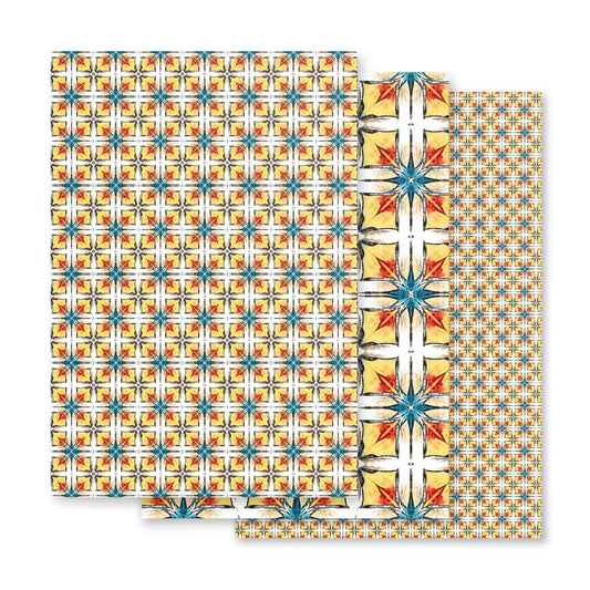 Fuego & Flow wrapping paper sheets with bold geometric pattern in yellow, red and turquoise