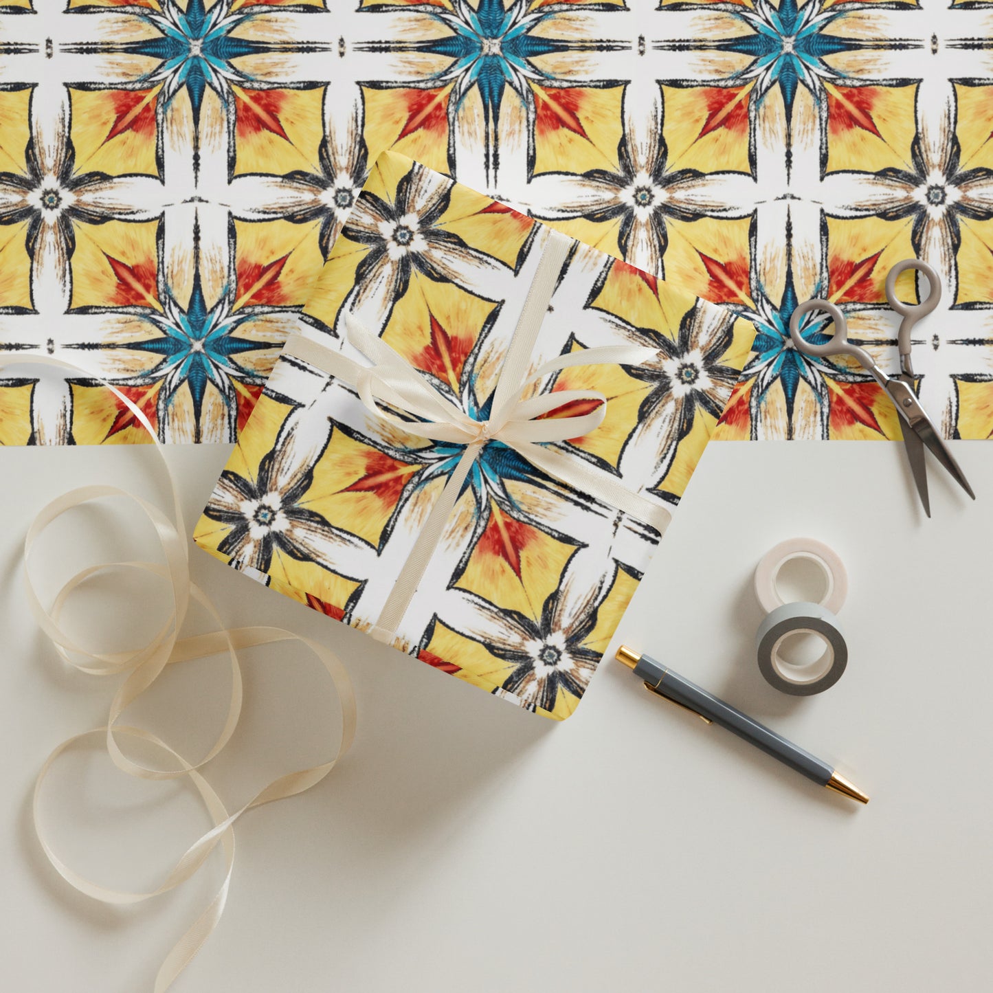 Close-up of Fuego & Flow wrapping paper showing detailed tile pattern and matte finish