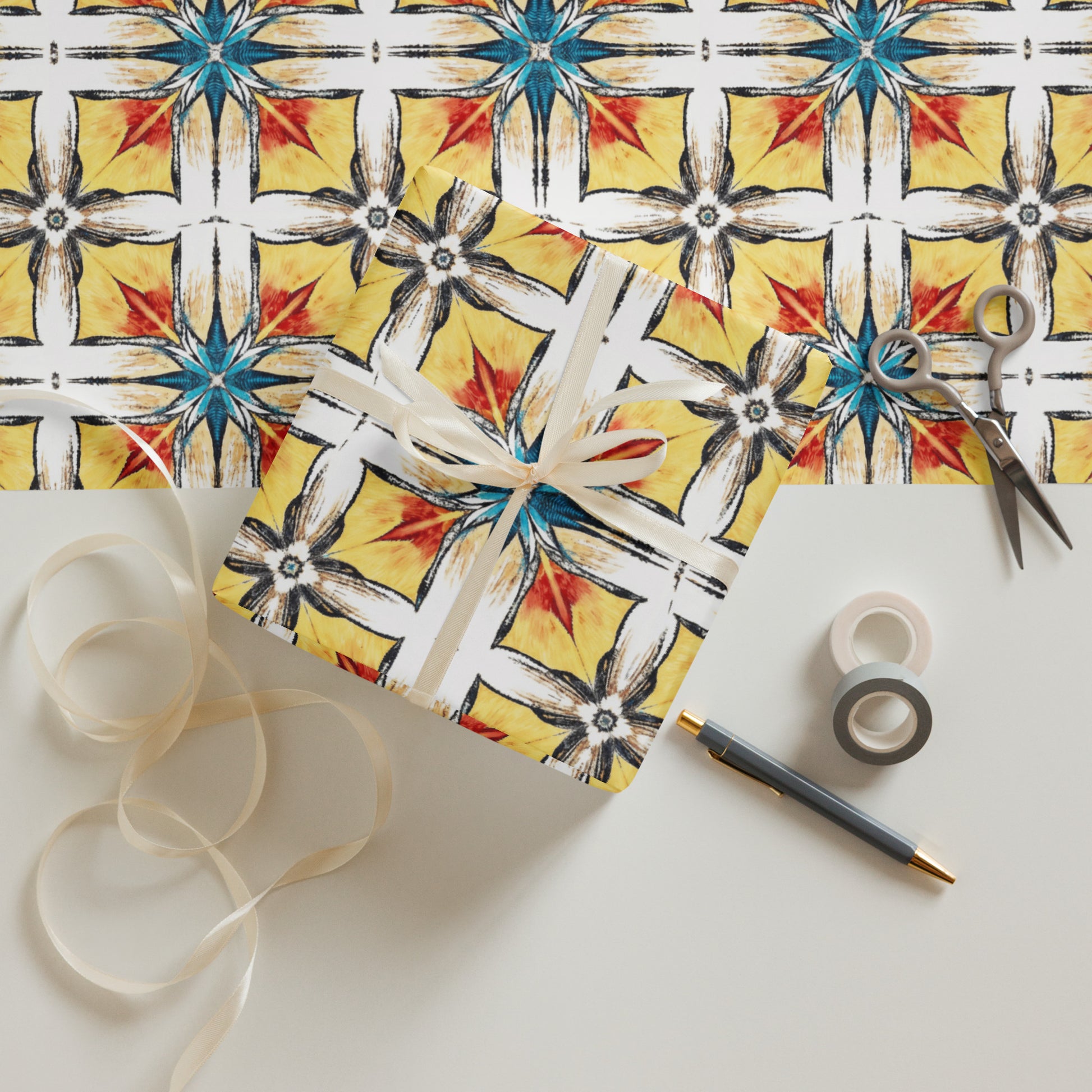 Close-up of Fuego & Flow wrapping paper showing detailed tile pattern and matte finish