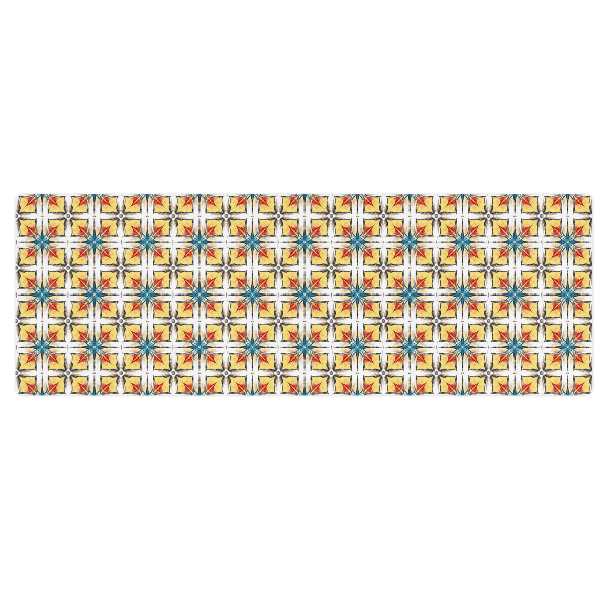 Fuego & Flow printed yoga mat with anti-slip rubber base, retro boho pattern