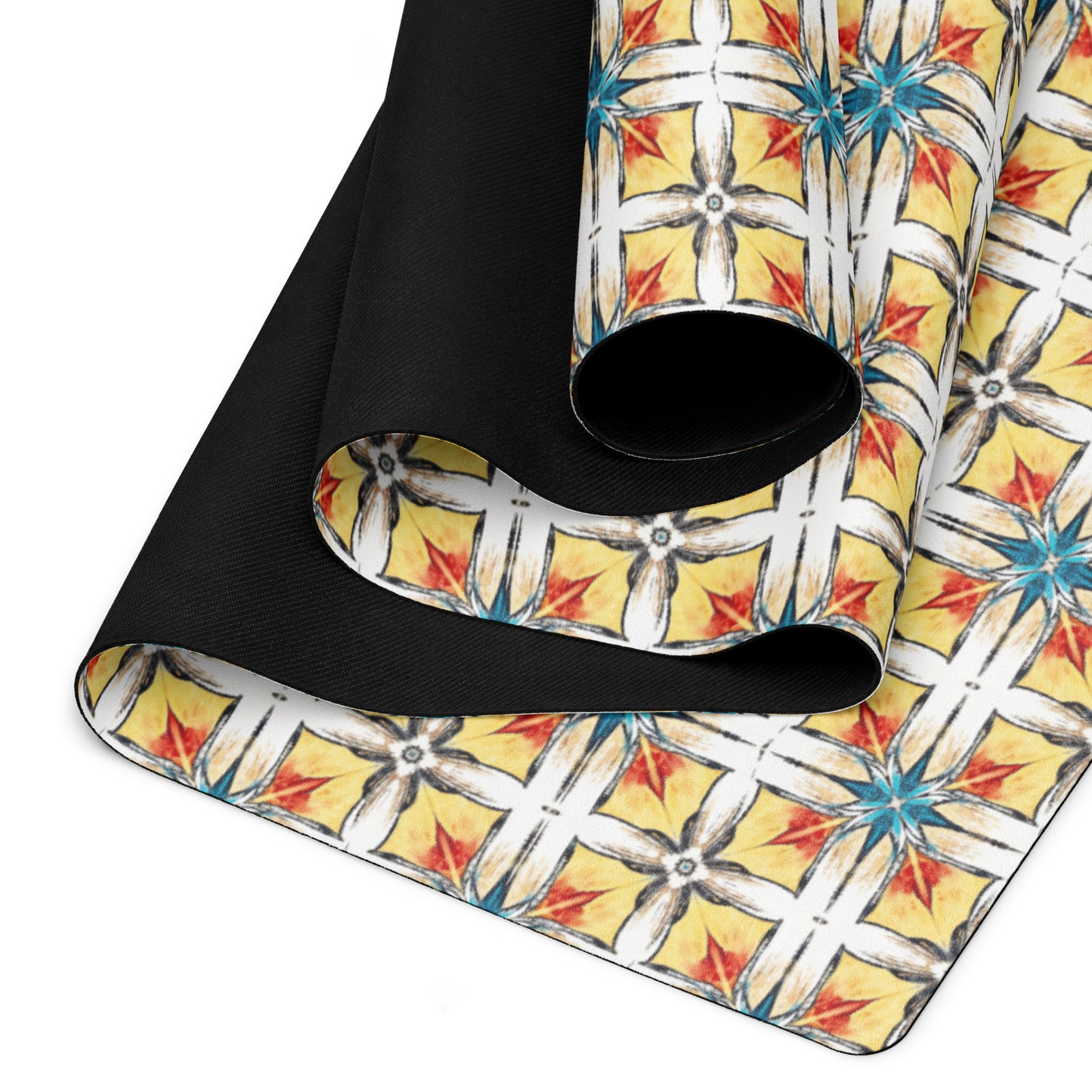 Close detail of Fuego & Flow yoga mat microsuede surface with bold geometric tile print