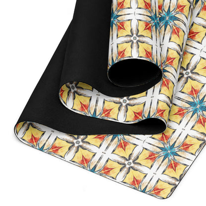 Close detail of Fuego & Flow yoga mat microsuede surface with bold geometric tile print