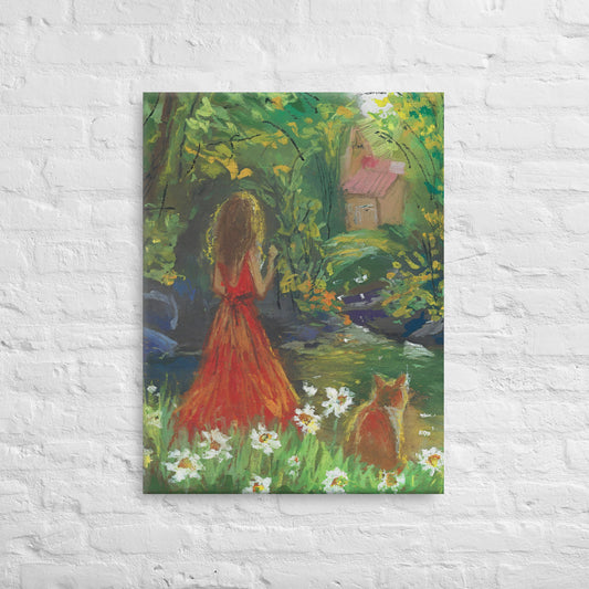 Thin canvas print of a girl in a red dress and orange cat in a lush garden — original pastel art by Lena Kloper
