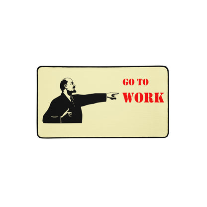 Close-up of Go To Work desk mat showing edge-to-edge graphic print on smooth polyester surface