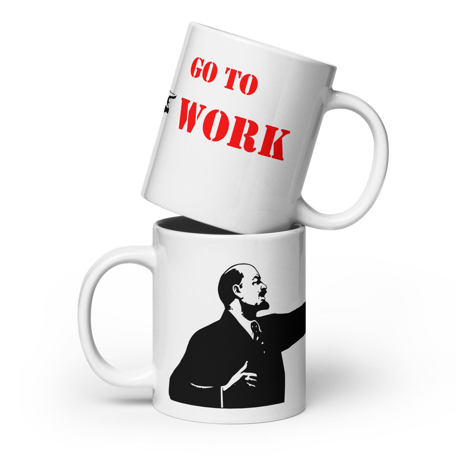 Go To Work white ceramic mug with Soviet Lenin illustration and bold red GO TO WORK text