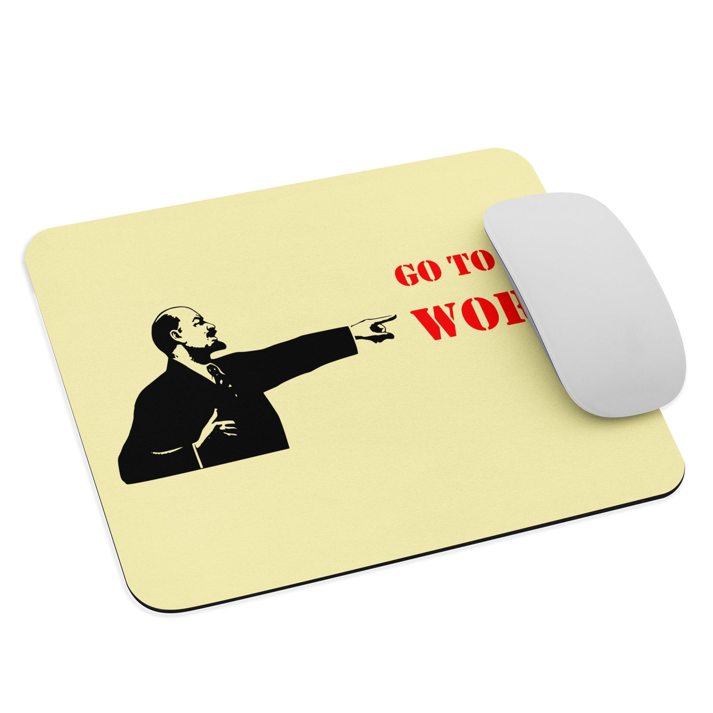 Go To Work mouse pad with Soviet-style Lenin illustration and bold red text, flat lay on office desk
