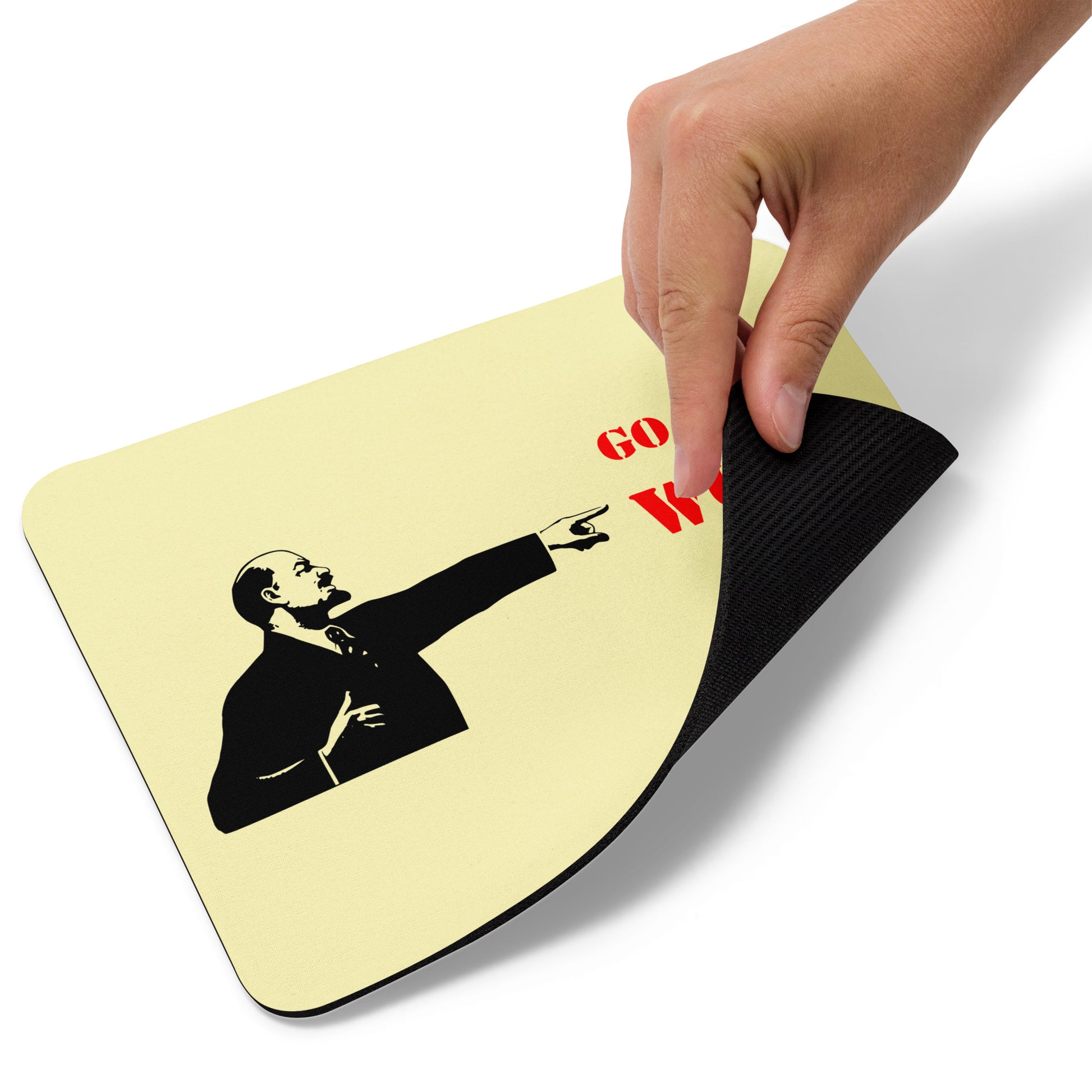 Close-up of Go To Work mouse pad showing vivid edge-to-edge print on soft polyester surface
