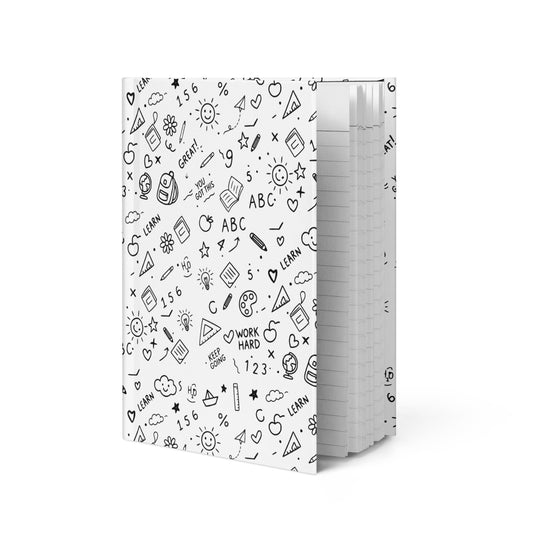  Cute school doodle matte journal — perforated lined pages, illustrated cover, side view