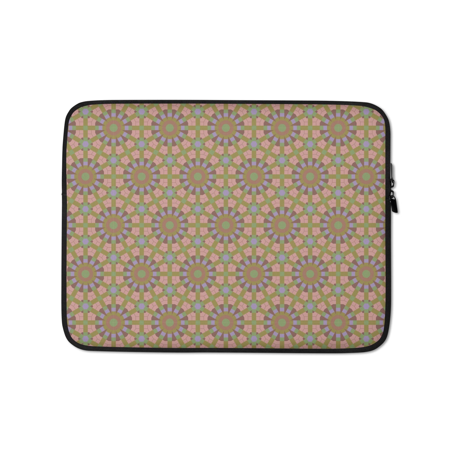 Laptop sleeve with an all-over seamless hexagon and starburst pattern in sage green, dusty rose, and lavender — shown flat against a neutral background.
