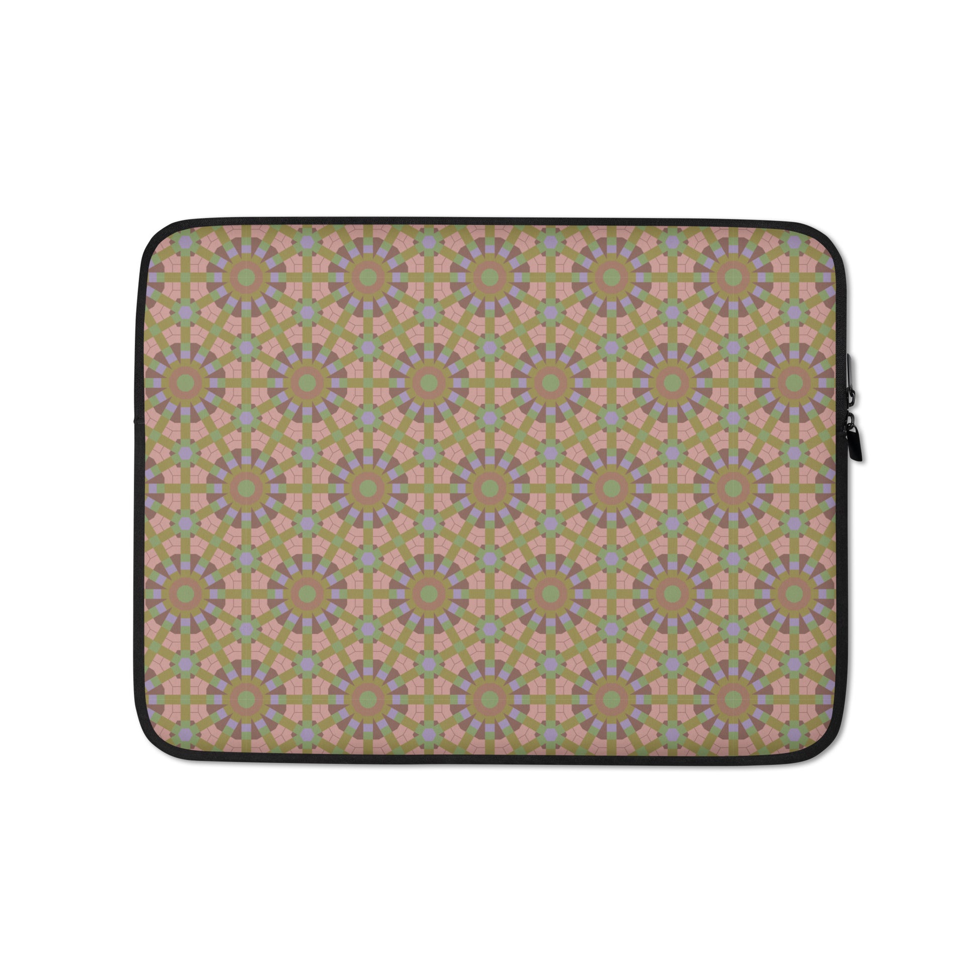 Laptop sleeve with an all-over seamless hexagon and starburst pattern in sage green, dusty rose, and lavender — shown flat against a neutral background.
