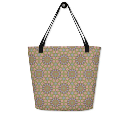Large tote bag with an all-over seamless geometric hexagon and starburst print in sage green, dusty rose, and lavender, with cotton webbing handles.