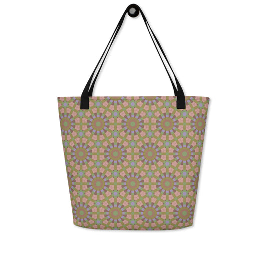 Large tote bag with an all-over seamless geometric hexagon and starburst print in sage green, dusty rose, and lavender, with cotton webbing handles.