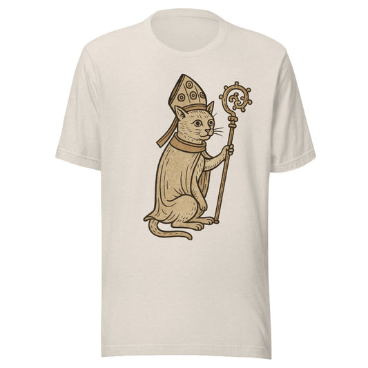 Medieval pope cat in bishop's robes and mitre holding a crozier — vintage manuscript illustration printed on a soft white unisex cotton t-shirt