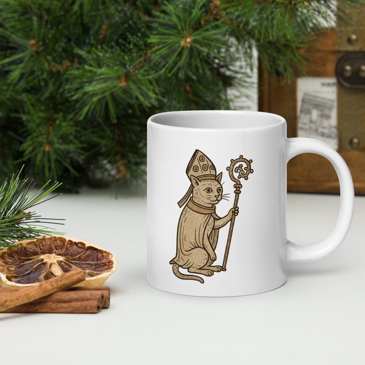Medieval pope cat in bishop's robes and mitre holding a crozier — illustrated in a vintage manuscript style on a white glossy ceramic mug