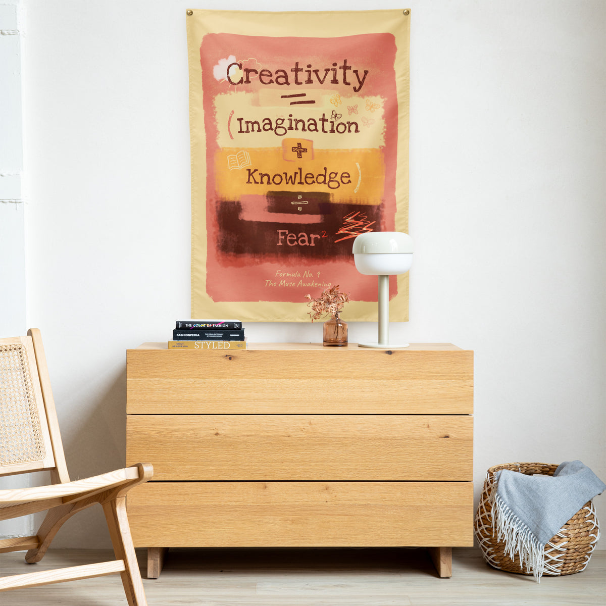 Formula No. 9 Creativity wall tapestry, 26 x 36 inch: Creativity equals Imagination plus Knowledge, divided by Fear squared