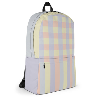 Medium pastel print backpack with laptop compartment, abstract color panel design in soft yellow, lavender, peach, and grey