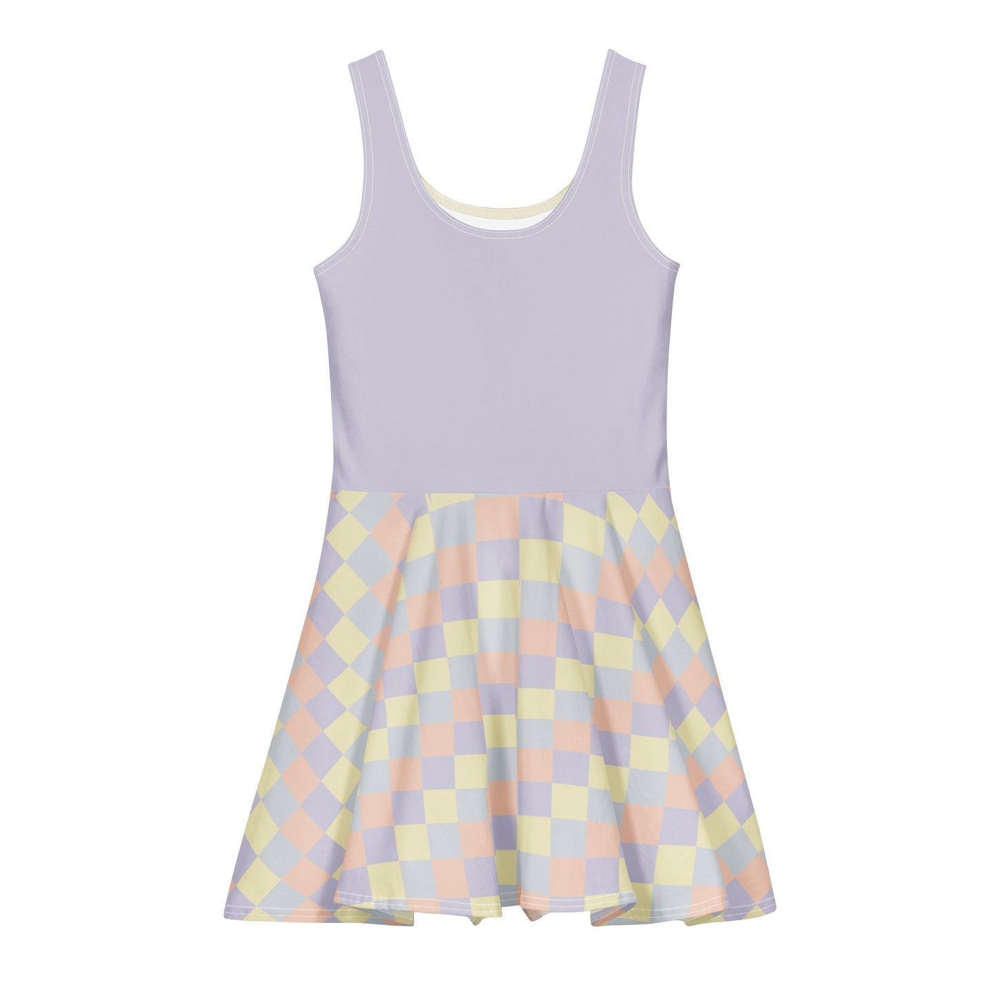 Women's all-over print flared dress in soft pastel tones, wearable color study collection, back view