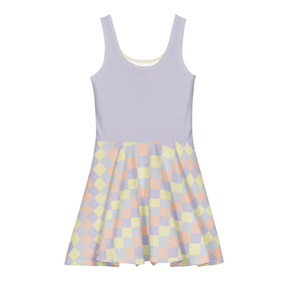 Women's all-over print flared dress in soft pastel tones, wearable color study collection, back view