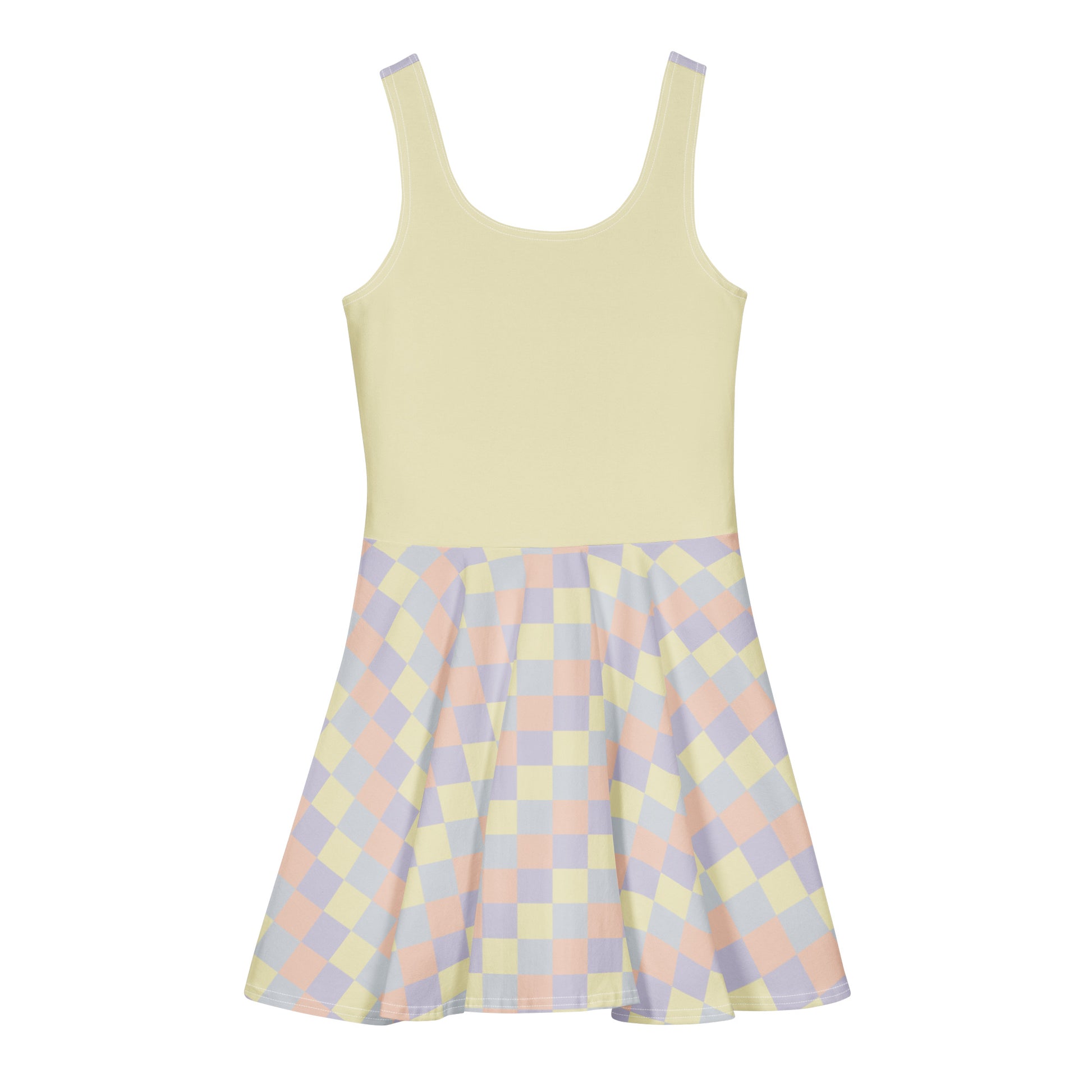 Pastel print skater dress in Lemon Icing, Nimbus Cloud, Peach Dust, and Orchid Tint color panels, front view